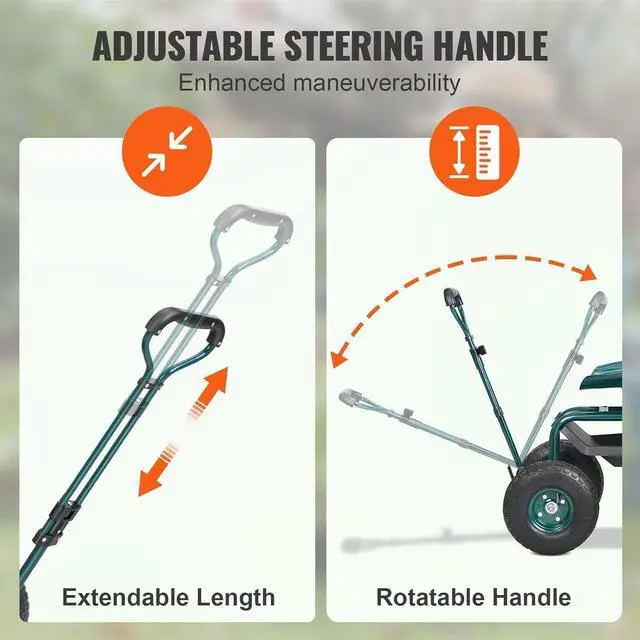 Alt view image 3 of 7 - Steel Rolling Garden Workseat Cart, 360° Swivel Gardening Stool with Adjustable Handle, 10in Inflatable Tires & Tool Tray, Portable Mobile Work Chair for Yard Patio Lawn Outdoor Gardening