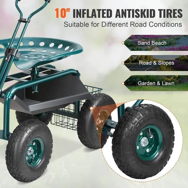 Alt view image 4 of 7 - Steel Rolling Garden Workseat Cart, 360° Swivel Gardening Stool with Adjustable Handle, 10in Inflatable Tires & Tool Tray, Portable Mobile Work Chair for Yard Patio Lawn Outdoor Gardening