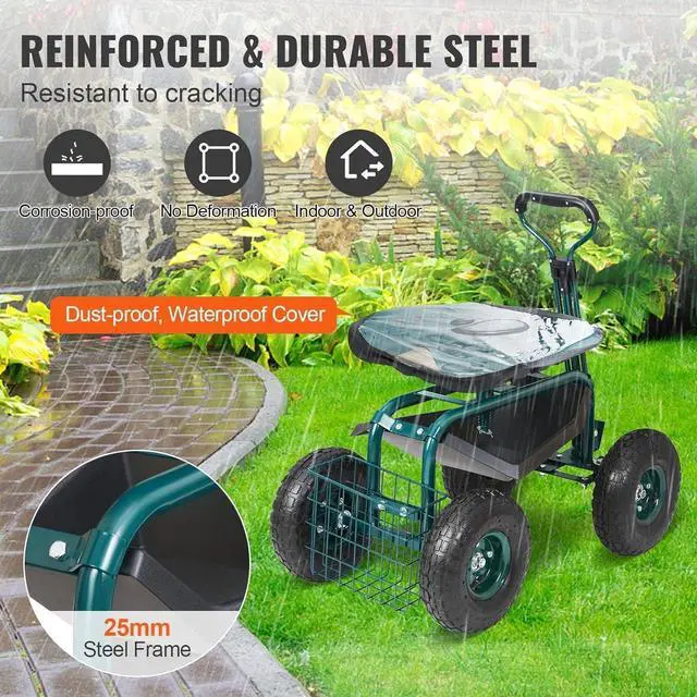 Alt view image 6 of 7 - Steel Rolling Garden Workseat Cart, 360° Swivel Gardening Stool with Adjustable Handle, 10in Inflatable Tires & Tool Tray, Portable Mobile Work Chair for Yard Patio Lawn Outdoor Gardening