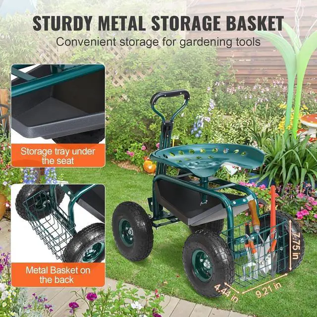 Alt view image 5 of 7 - Steel Rolling Garden Workseat Cart, 360° Swivel Gardening Stool with Adjustable Handle, 10in Inflatable Tires & Tool Tray, Portable Mobile Work Chair for Yard Patio Lawn Outdoor Gardening