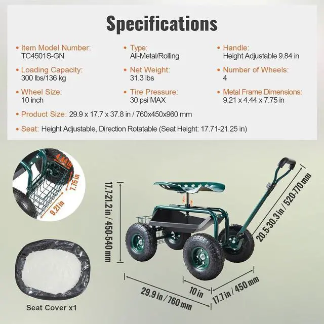 Alt view image 7 of 7 - Steel Rolling Garden Workseat Cart, 360° Swivel Gardening Stool with Adjustable Handle, 10in Inflatable Tires & Tool Tray, Portable Mobile Work Chair for Yard Patio Lawn Outdoor Gardening