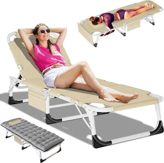 Main image of XXL Heavy Duty Folding Tanning Chair with Face Hole & Mat, 5-Position Adjustable Chaise Lounge, 440lbs Capacity, Portable Beach Chair for Outdoor Sunbathing, Pool, Lawn, Camping