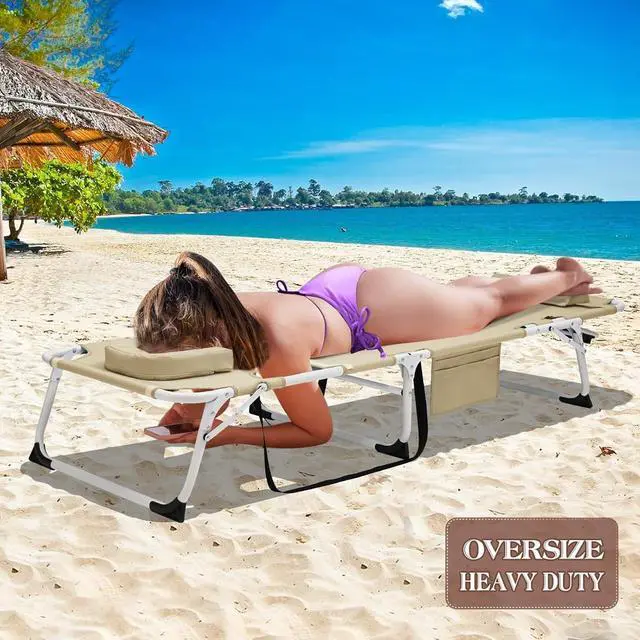 Alt view image 2 of 7 - XXL Heavy Duty Folding Tanning Chair with Face Hole & Mat, 5-Position Adjustable Chaise Lounge, 440lbs Capacity, Portable Beach Chair for Outdoor Sunbathing, Pool, Lawn, Camping