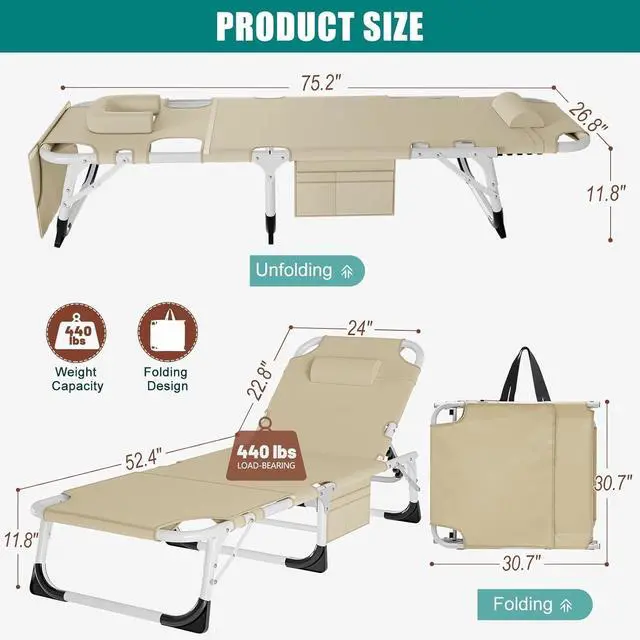 Alt view image 3 of 7 - XXL Heavy Duty Folding Tanning Chair with Face Hole & Mat, 5-Position Adjustable Chaise Lounge, 440lbs Capacity, Portable Beach Chair for Outdoor Sunbathing, Pool, Lawn, Camping