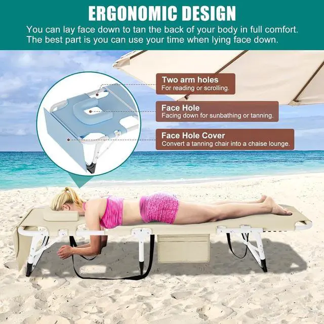 Alt view image 4 of 7 - XXL Heavy Duty Folding Tanning Chair with Face Hole & Mat, 5-Position Adjustable Chaise Lounge, 440lbs Capacity, Portable Beach Chair for Outdoor Sunbathing, Pool, Lawn, Camping