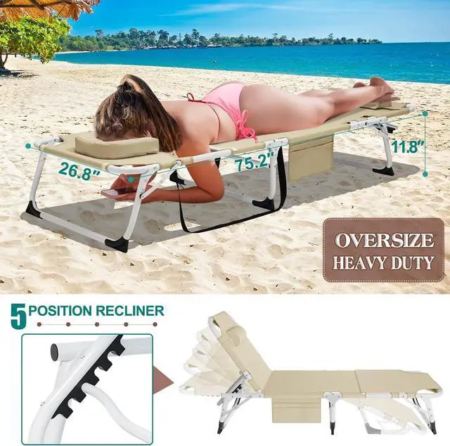 Alt view image 5 of 7 - XXL Heavy Duty Folding Tanning Chair with Face Hole & Mat, 5-Position Adjustable Chaise Lounge, 440lbs Capacity, Portable Beach Chair for Outdoor Sunbathing, Pool, Lawn, Camping