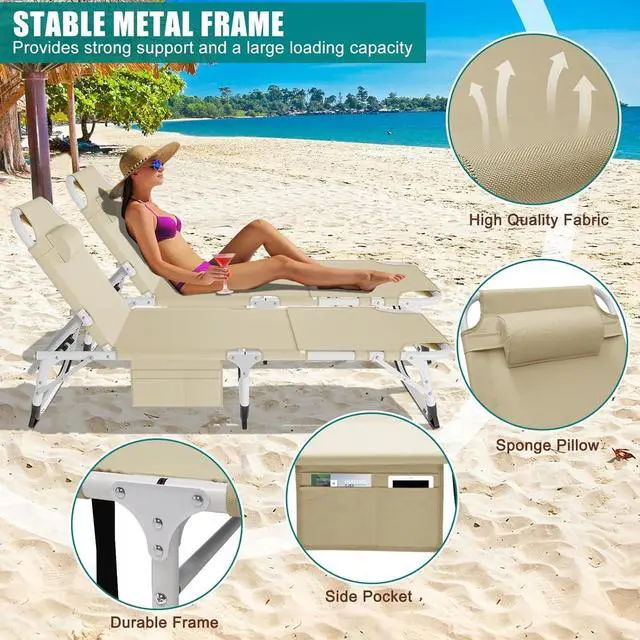 Alt view image 6 of 7 - XXL Heavy Duty Folding Tanning Chair with Face Hole & Mat, 5-Position Adjustable Chaise Lounge, 440lbs Capacity, Portable Beach Chair for Outdoor Sunbathing, Pool, Lawn, Camping
