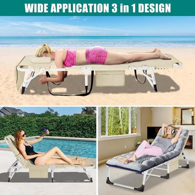 Alt view image 7 of 7 - XXL Heavy Duty Folding Tanning Chair with Face Hole & Mat, 5-Position Adjustable Chaise Lounge, 440lbs Capacity, Portable Beach Chair for Outdoor Sunbathing, Pool, Lawn, Camping