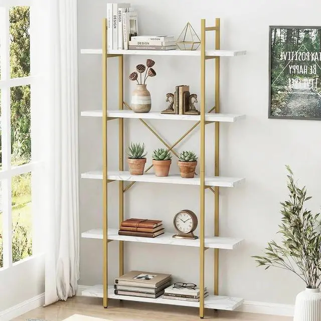 Main image of 5 Tier Open Bookshelf White Faux Marble Panel Gold Metal Frame Freestanding Display Shelf 31.5 x 11 x 61.8 Inch Tall Storage Shelving Unit for Home Office Study Living Room Kitchen