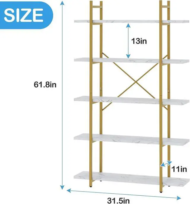 Alt view image 2 of 6 - 5 Tier Open Bookshelf White Faux Marble Panel Gold Metal Frame Freestanding Display Shelf 31.5 x 11 x 61.8 Inch Tall Storage Shelving Unit for Home Office Study Living Room Kitchen