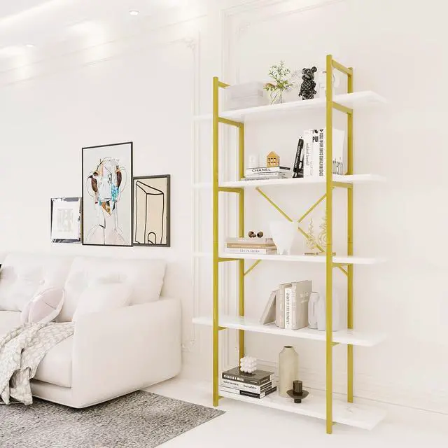 Alt view image 3 of 6 - 5 Tier Open Bookshelf White Faux Marble Panel Gold Metal Frame Freestanding Display Shelf 31.5 x 11 x 61.8 Inch Tall Storage Shelving Unit for Home Office Study Living Room Kitchen