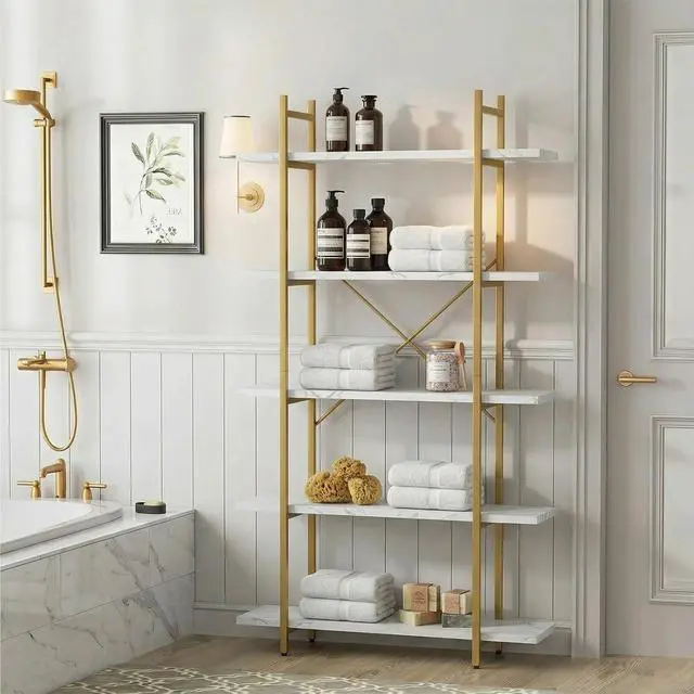 Alt view image 4 of 6 - 5 Tier Open Bookshelf White Faux Marble Panel Gold Metal Frame Freestanding Display Shelf 31.5 x 11 x 61.8 Inch Tall Storage Shelving Unit for Home Office Study Living Room Kitchen