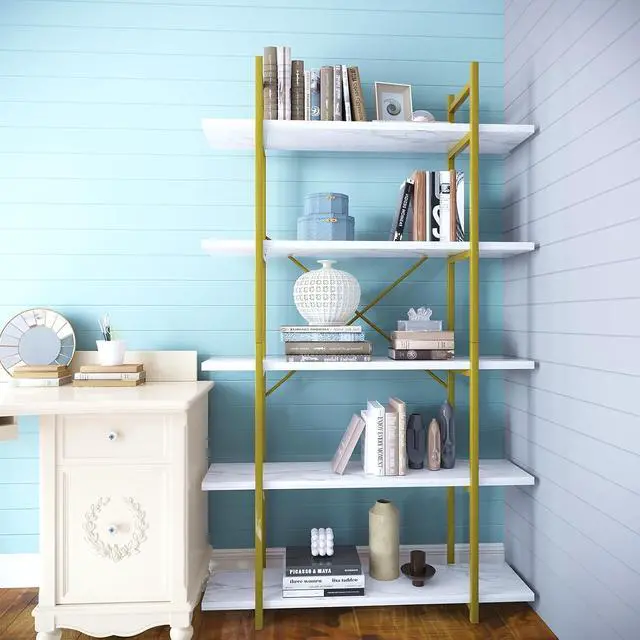 Alt view image 5 of 6 - 5 Tier Open Bookshelf White Faux Marble Panel Gold Metal Frame Freestanding Display Shelf 31.5 x 11 x 61.8 Inch Tall Storage Shelving Unit for Home Office Study Living Room Kitchen