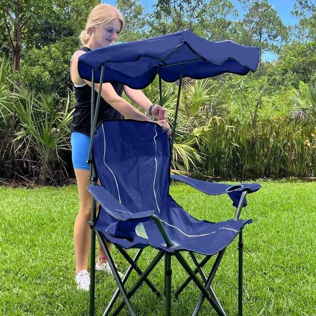 Alt view image 2 of 6 - Folding Camping Chair with Sun Canopy Heavy Duty 350 LBS Capacity with Carry Bag for Outdoor Beach Hiking Picnic