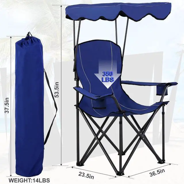 Alt view image 3 of 6 - Folding Camping Chair with Sun Canopy Heavy Duty 350 LBS Capacity with Carry Bag for Outdoor Beach Hiking Picnic