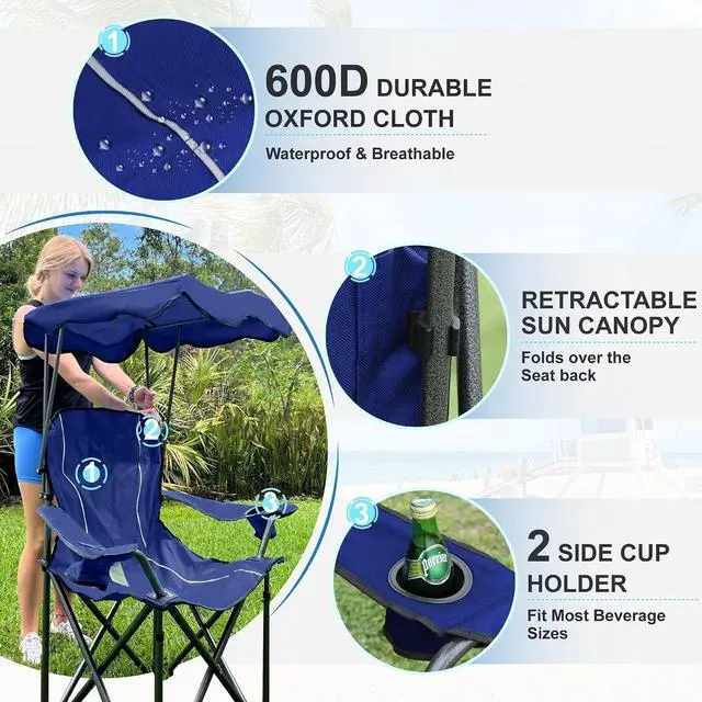 Alt view image 4 of 6 - Folding Camping Chair with Sun Canopy Heavy Duty 350 LBS Capacity with Carry Bag for Outdoor Beach Hiking Picnic