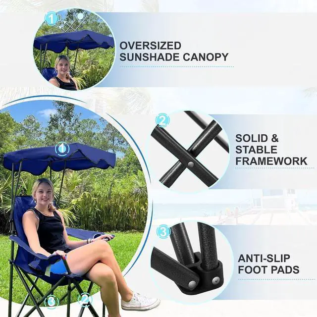 Alt view image 5 of 6 - Folding Camping Chair with Sun Canopy Heavy Duty 350 LBS Capacity with Carry Bag for Outdoor Beach Hiking Picnic