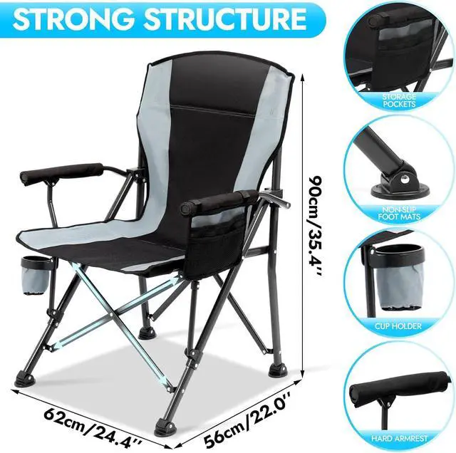 Alt view image 2 of 7 - 2 Pack Oversized Folding Outdoor Chair for Adults Supports 450 LBS Heavy Duty Foldable Seat with Side Storage Pockets Cup Holder for Camping Beach Fishing Hiking Black Gray