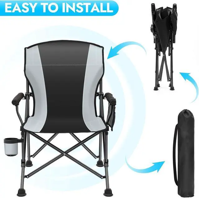 Alt view image 3 of 7 - 2 Pack Oversized Folding Outdoor Chair for Adults Supports 450 LBS Heavy Duty Foldable Seat with Side Storage Pockets Cup Holder for Camping Beach Fishing Hiking Black Gray