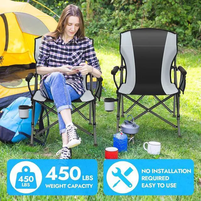 Alt view image 4 of 7 - 2 Pack Oversized Folding Outdoor Chair for Adults Supports 450 LBS Heavy Duty Foldable Seat with Side Storage Pockets Cup Holder for Camping Beach Fishing Hiking Black Gray