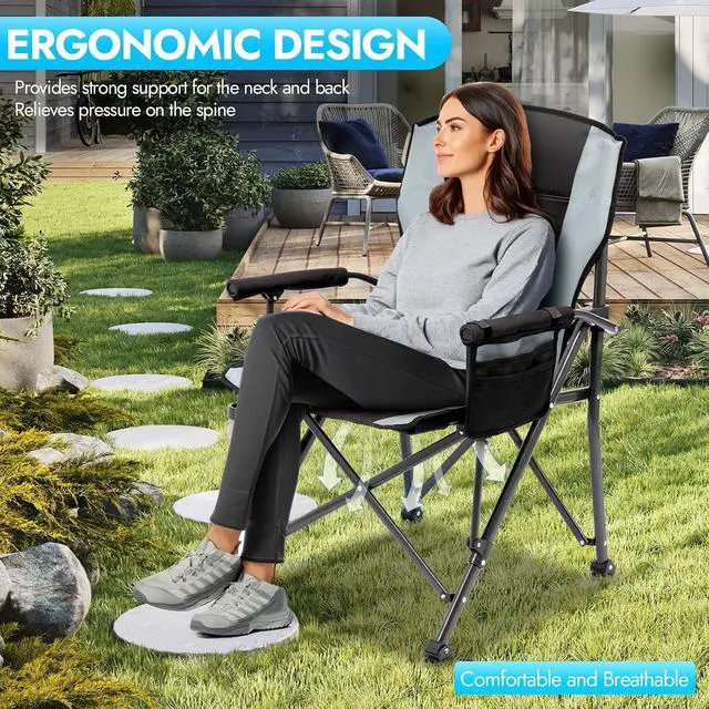 Alt view image 6 of 7 - 2 Pack Oversized Folding Outdoor Chair for Adults Supports 450 LBS Heavy Duty Foldable Seat with Side Storage Pockets Cup Holder for Camping Beach Fishing Hiking Black Gray