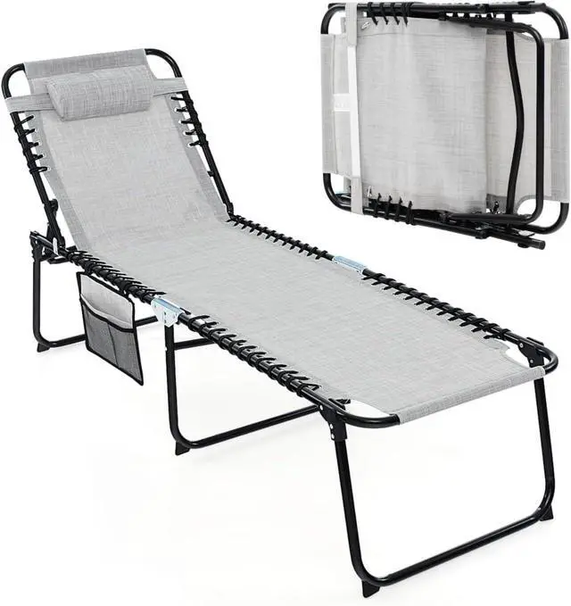 Main image of Folding Beach Chaise Lounge Chair, 4-Position Adjustable Backrest, Removable Headrest & Side Pocket, 330lbs Capacity Portable Tanning Chair for Patio, Poolside, Grey