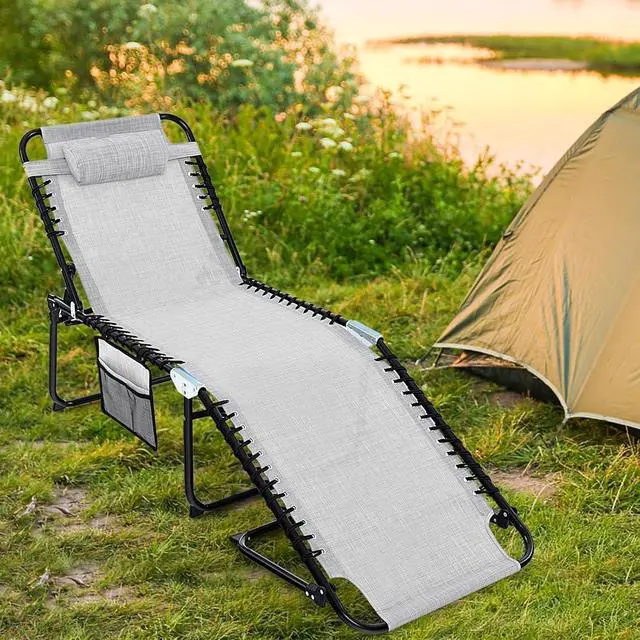 Alt view image 2 of 7 - Folding Beach Chaise Lounge Chair, 4-Position Adjustable Backrest, Removable Headrest & Side Pocket, 330lbs Capacity Portable Tanning Chair for Patio, Poolside, Grey