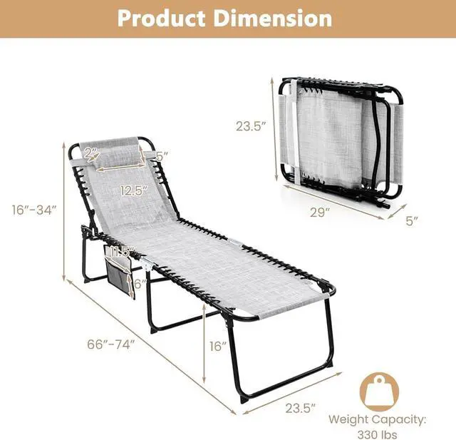 Alt view image 3 of 7 - Folding Beach Chaise Lounge Chair, 4-Position Adjustable Backrest, Removable Headrest & Side Pocket, 330lbs Capacity Portable Tanning Chair for Patio, Poolside, Grey