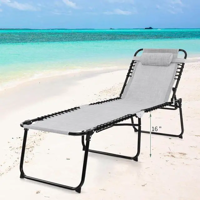 Alt view image 4 of 7 - Folding Beach Chaise Lounge Chair, 4-Position Adjustable Backrest, Removable Headrest & Side Pocket, 330lbs Capacity Portable Tanning Chair for Patio, Poolside, Grey