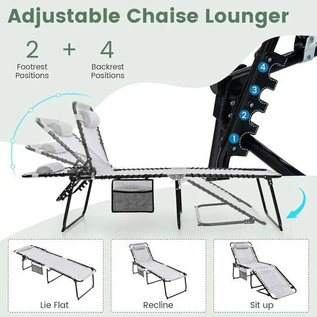 Alt view image 5 of 7 - Folding Beach Chaise Lounge Chair, 4-Position Adjustable Backrest, Removable Headrest & Side Pocket, 330lbs Capacity Portable Tanning Chair for Patio, Poolside, Grey