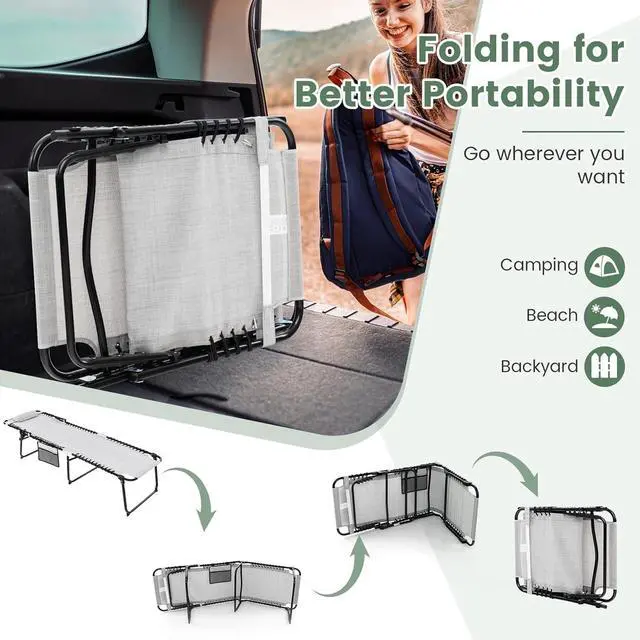 Alt view image 6 of 7 - Folding Beach Chaise Lounge Chair, 4-Position Adjustable Backrest, Removable Headrest & Side Pocket, 330lbs Capacity Portable Tanning Chair for Patio, Poolside, Grey