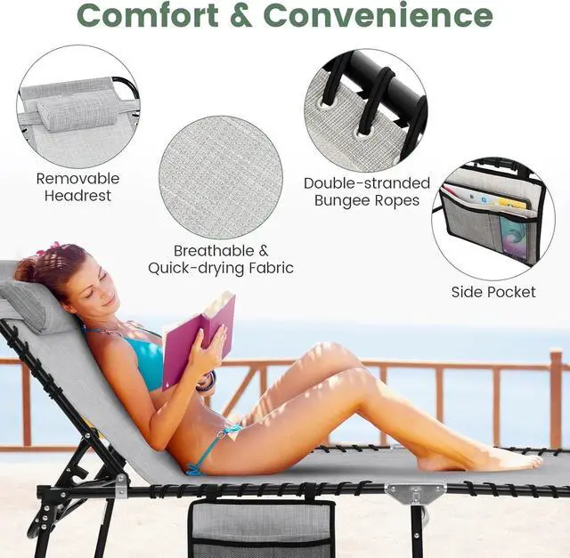 Alt view image 7 of 7 - Folding Beach Chaise Lounge Chair, 4-Position Adjustable Backrest, Removable Headrest & Side Pocket, 330lbs Capacity Portable Tanning Chair for Patio, Poolside, Grey