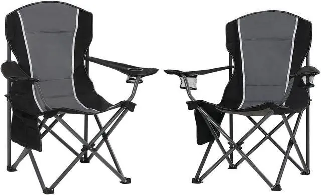 Main image of 2 Pack Heavy Duty Folding Camping Chair, Oversized Padded Outdoor Lawn Chair with Armrest Cup Holder, Portable Adult Chair Supports 350 LBS, Gray Black