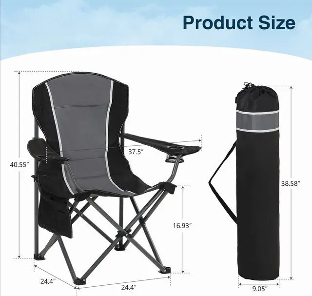 Alt view image 2 of 7 - 2 Pack Heavy Duty Folding Camping Chair, Oversized Padded Outdoor Lawn Chair with Armrest Cup Holder, Portable Adult Chair Supports 350 LBS, Gray Black