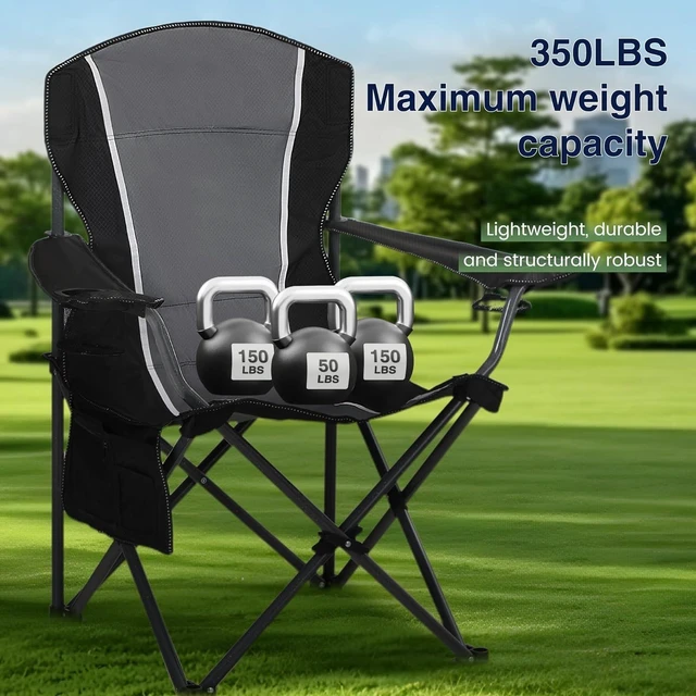 Alt view image 4 of 7 - 2 Pack Heavy Duty Folding Camping Chair, Oversized Padded Outdoor Lawn Chair with Armrest Cup Holder, Portable Adult Chair Supports 350 LBS, Gray Black