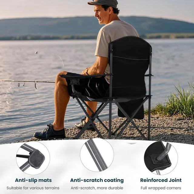 Alt view image 5 of 7 - 2 Pack Heavy Duty Folding Camping Chair, Oversized Padded Outdoor Lawn Chair with Armrest Cup Holder, Portable Adult Chair Supports 350 LBS, Gray Black