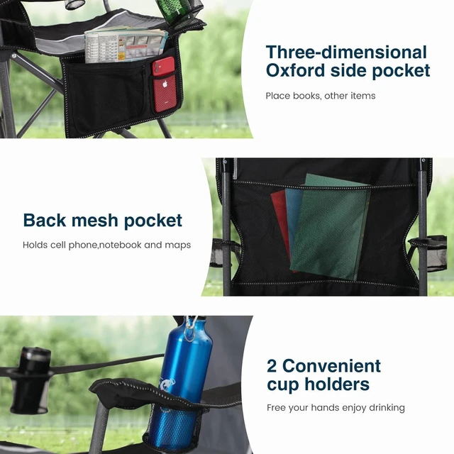 Alt view image 6 of 7 - 2 Pack Heavy Duty Folding Camping Chair, Oversized Padded Outdoor Lawn Chair with Armrest Cup Holder, Portable Adult Chair Supports 350 LBS, Gray Black