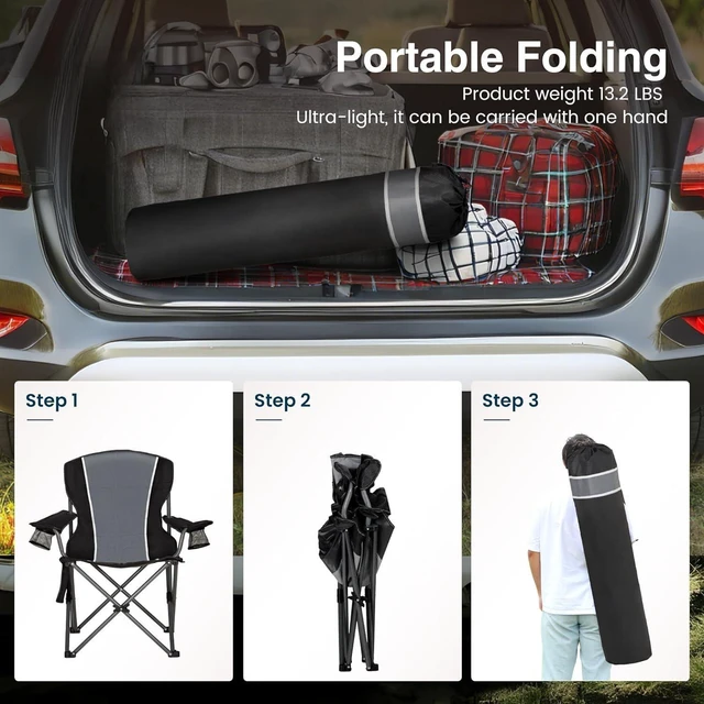 Alt view image 7 of 7 - 2 Pack Heavy Duty Folding Camping Chair, Oversized Padded Outdoor Lawn Chair with Armrest Cup Holder, Portable Adult Chair Supports 350 LBS, Gray Black