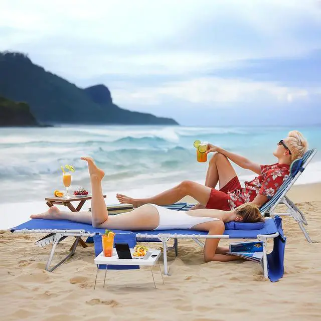 Alt view image 2 of 7 - 3-in-1 Folding Beach Lounge Chair, 5 Position Reclining Lay Flat Outdoor Chair with Face Hole, Removable Pillow and Folding Side Table, Heavy Duty Steel Frame 330 LBS Capacity for Pool Patio Camping