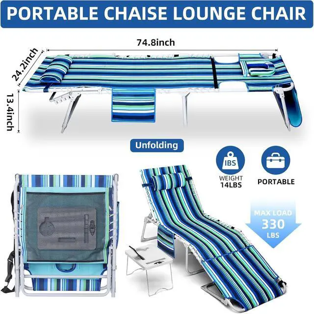 Alt view image 3 of 7 - 3-in-1 Folding Beach Lounge Chair, 5 Position Reclining Lay Flat Outdoor Chair with Face Hole, Removable Pillow and Folding Side Table, Heavy Duty Steel Frame 330 LBS Capacity for Pool Patio Camping