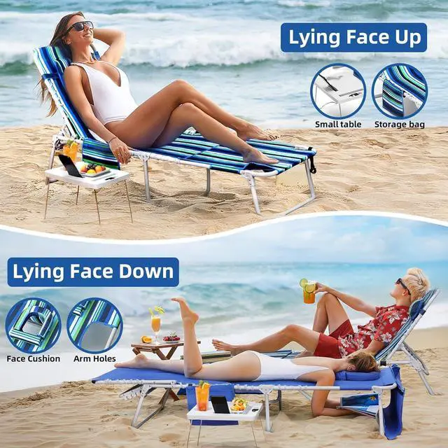 Alt view image 4 of 7 - 3-in-1 Folding Beach Lounge Chair, 5 Position Reclining Lay Flat Outdoor Chair with Face Hole, Removable Pillow and Folding Side Table, Heavy Duty Steel Frame 330 LBS Capacity for Pool Patio Camping