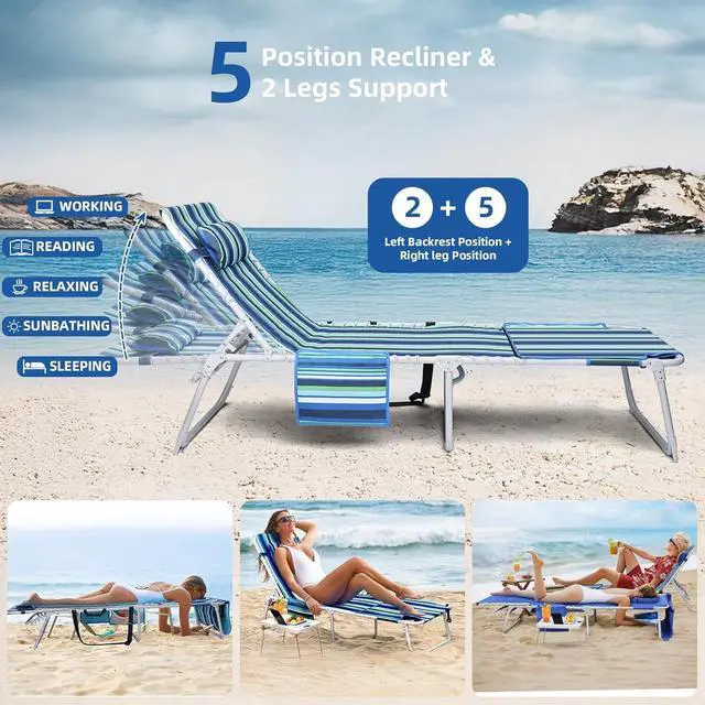 Alt view image 5 of 7 - 3-in-1 Folding Beach Lounge Chair, 5 Position Reclining Lay Flat Outdoor Chair with Face Hole, Removable Pillow and Folding Side Table, Heavy Duty Steel Frame 330 LBS Capacity for Pool Patio Camping