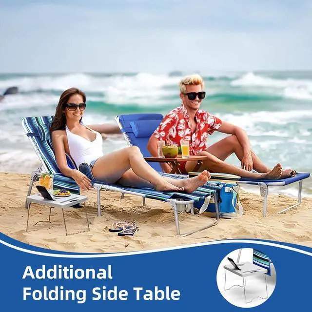 Alt view image 6 of 7 - 3-in-1 Folding Beach Lounge Chair, 5 Position Reclining Lay Flat Outdoor Chair with Face Hole, Removable Pillow and Folding Side Table, Heavy Duty Steel Frame 330 LBS Capacity for Pool Patio Camping
