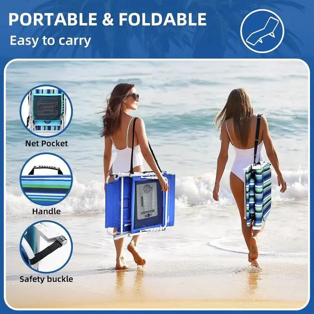 Alt view image 7 of 7 - 3-in-1 Folding Beach Lounge Chair, 5 Position Reclining Lay Flat Outdoor Chair with Face Hole, Removable Pillow and Folding Side Table, Heavy Duty Steel Frame 330 LBS Capacity for Pool Patio Camping