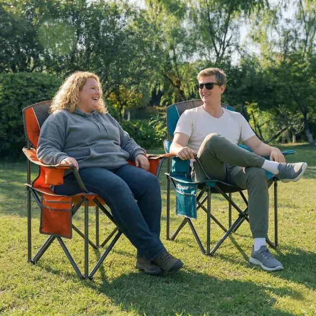 Alt view image 2 of 6 - 2 Pack Padded Oversized Folding Camping Chairs for Adults, Heavy Duty Lawn Chairs Support 400 Lbs with Cup Holder Cooler Bag Side Pocket for Outdoor Picnic Hiking