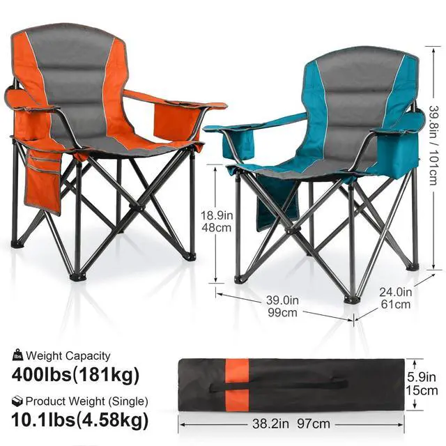Alt view image 3 of 6 - 2 Pack Padded Oversized Folding Camping Chairs for Adults, Heavy Duty Lawn Chairs Support 400 Lbs with Cup Holder Cooler Bag Side Pocket for Outdoor Picnic Hiking