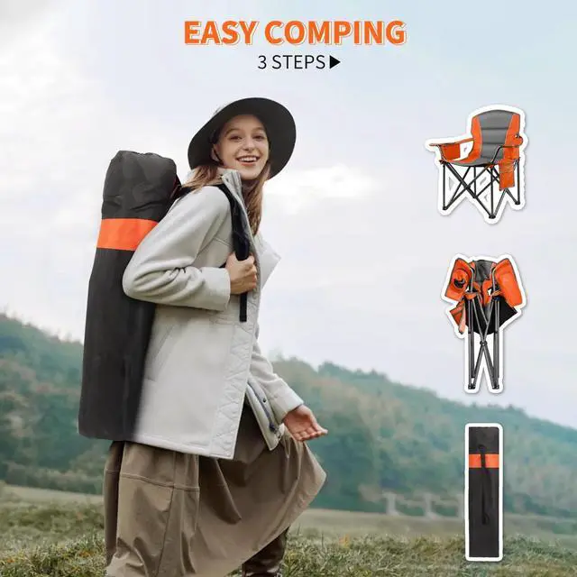 Alt view image 5 of 6 - 2 Pack Padded Oversized Folding Camping Chairs for Adults, Heavy Duty Lawn Chairs Support 400 Lbs with Cup Holder Cooler Bag Side Pocket for Outdoor Picnic Hiking