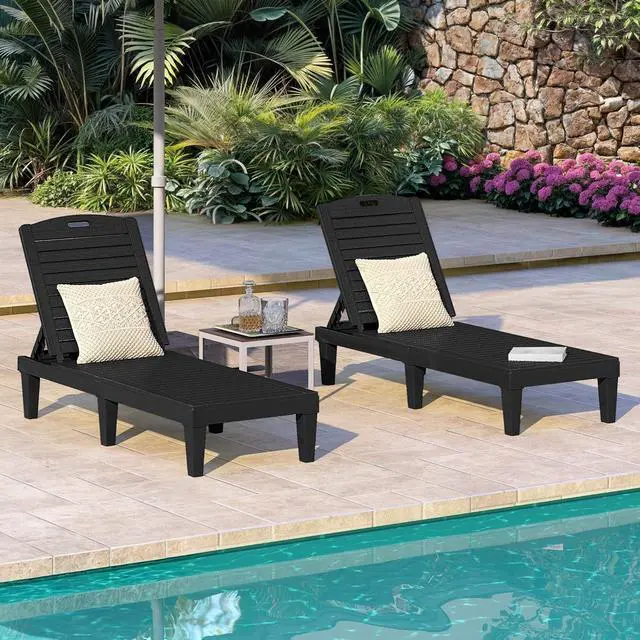 Alt view image 2 of 7 - Outdoor Plastic Chaise Lounger, 5-Position Adjustable Backrest, Waterproof UV-Resistant, 352 lbs Capacity, Easy Setup for Patio, Poolside, Garden, Black (1 PC)