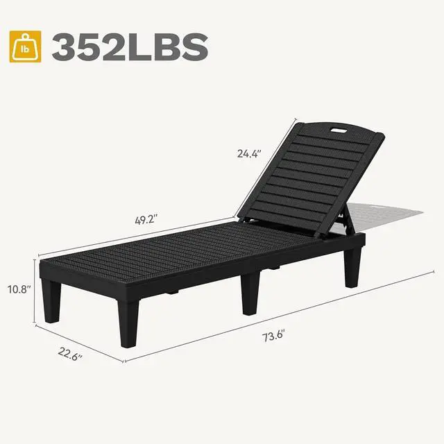 Alt view image 3 of 7 - Outdoor Plastic Chaise Lounger, 5-Position Adjustable Backrest, Waterproof UV-Resistant, 352 lbs Capacity, Easy Setup for Patio, Poolside, Garden, Black (1 PC)
