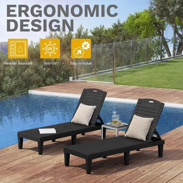 Alt view image 6 of 7 - Outdoor Plastic Chaise Lounger, 5-Position Adjustable Backrest, Waterproof UV-Resistant, 352 lbs Capacity, Easy Setup for Patio, Poolside, Garden, Black (1 PC)